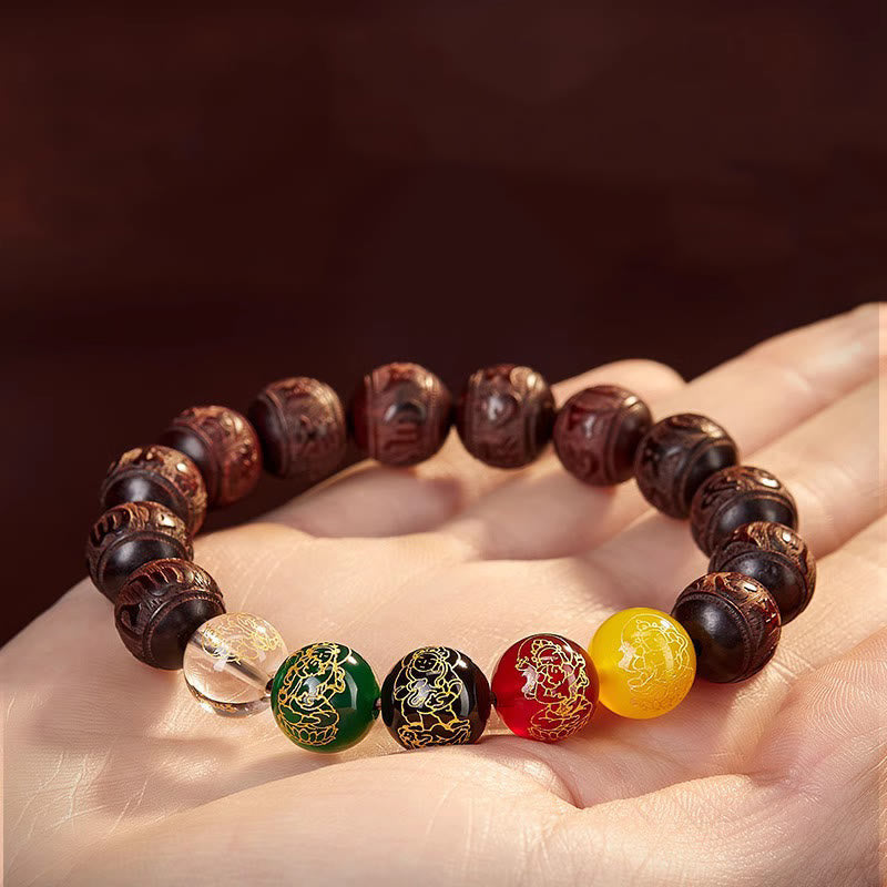 Wear FengShui Small Leaf Red Sandalwood Five Directions Gods of Wealth Calm Bracelet