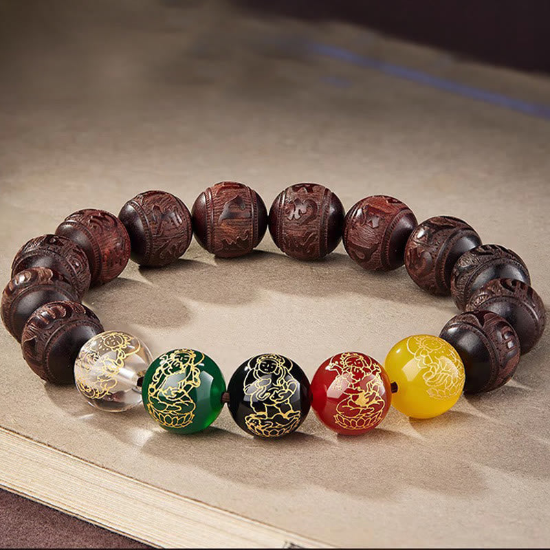 Wear FengShui Small Leaf Red Sandalwood Five Directions Gods of Wealth Calm Bracelet