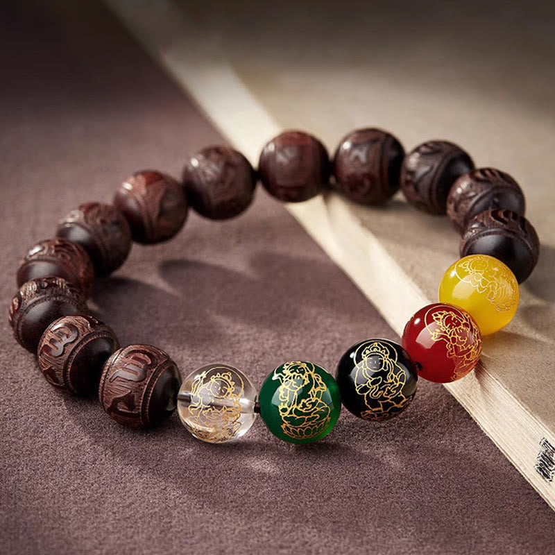 Wear FengShui Small Leaf Red Sandalwood Five Directions Gods of Wealth Calm Bracelet