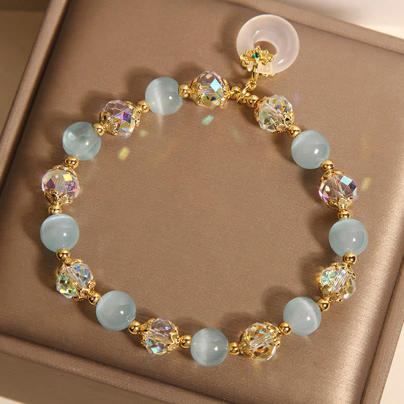 Wear FengShui Blue Cat's Eye White Crystal Peace Buckle Meaning Balance Bracelet