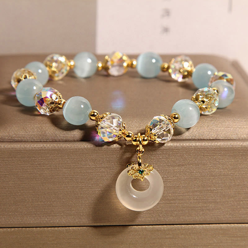 Wear FengShui Blue Cat's Eye White Crystal Peace Buckle Meaning Balance Bracelet