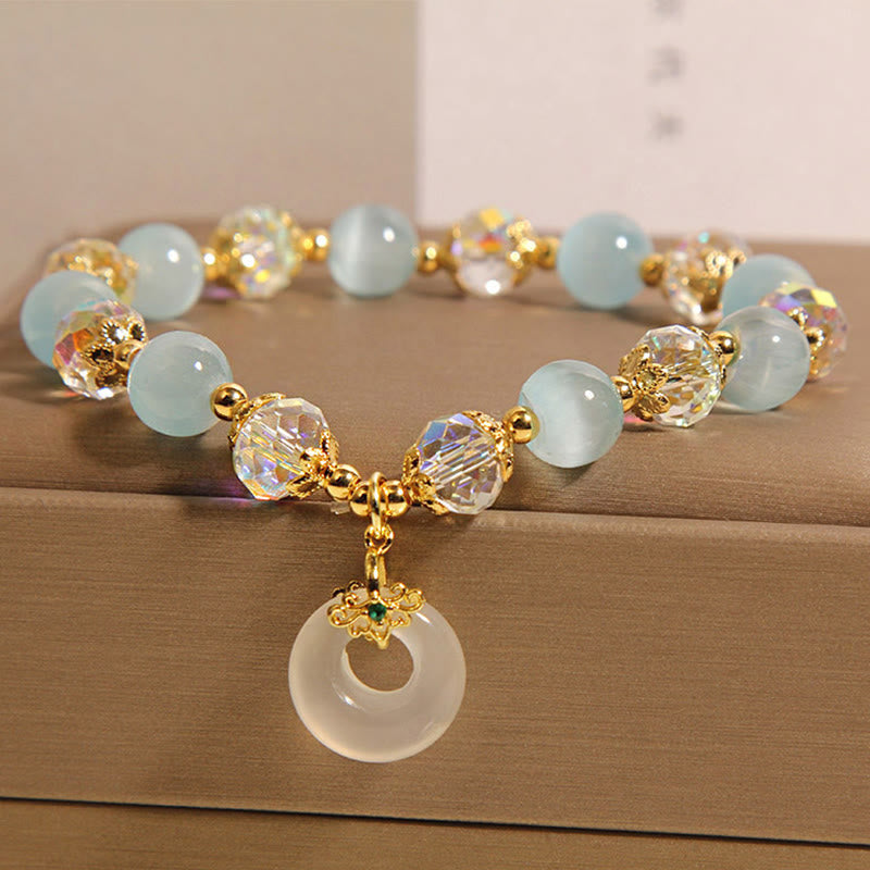 Wear FengShui Blue Cat's Eye White Crystal Peace Buckle Meaning Balance Bracelet