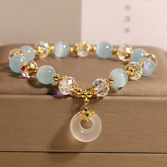 Wear FengShui Blue Cat's Eye White Crystal Peace Buckle Meaning Balance Bracelet