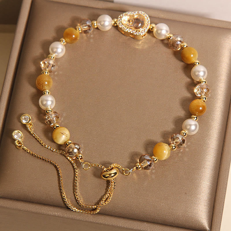 Wear FengShui Yellow Cat's Eye Stone Pearl Gourd Prosperity Bracelet