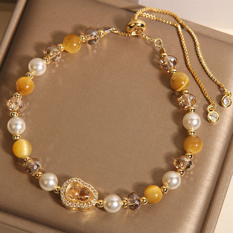 Wear FengShui Yellow Cat's Eye Stone Pearl Gourd Prosperity Bracelet