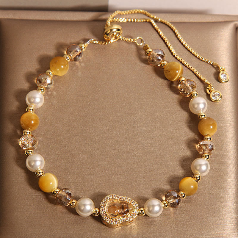Wear FengShui Yellow Cat's Eye Stone Pearl Gourd Prosperity Bracelet