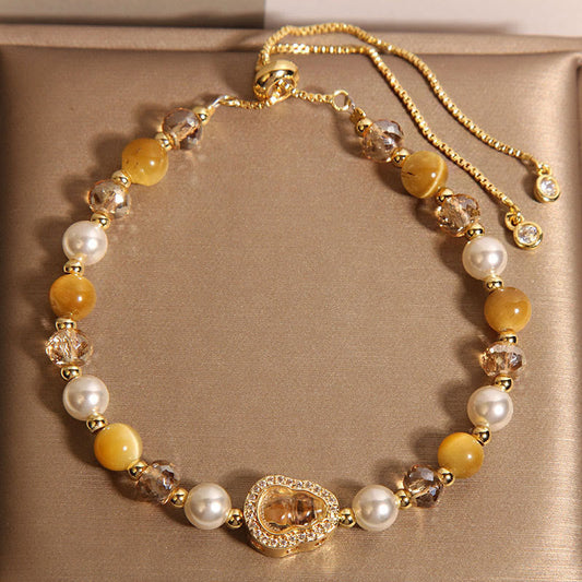 Wear FengShui Yellow Cat's Eye Stone Pearl Gourd Prosperity Bracelet