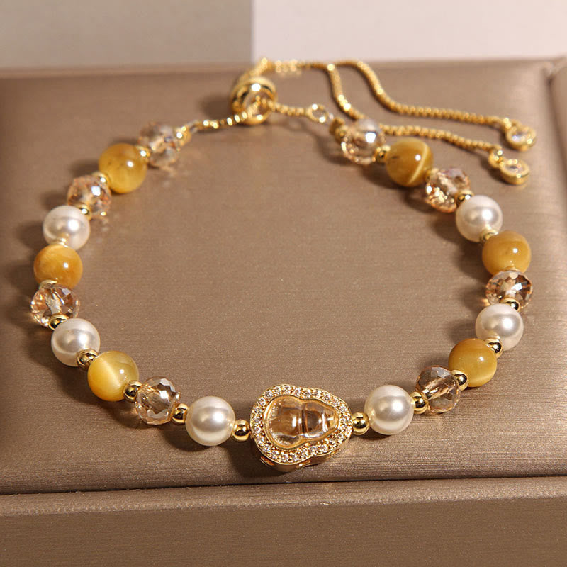 Wear FengShui Yellow Cat's Eye Stone Pearl Gourd Prosperity Bracelet