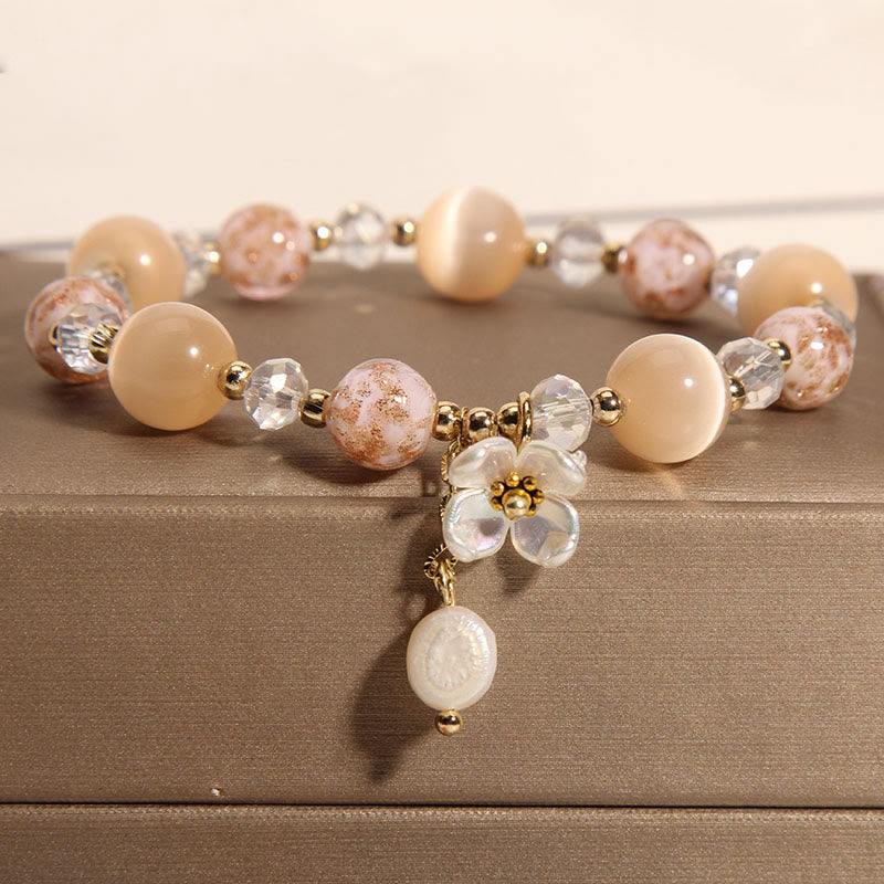 Wear FengShui Aquamarine Yellow Cat's Eye Stone Flower Peace Bracelet