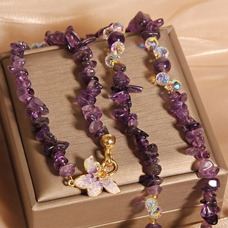 Wear FengShui Butterfly Flower Amethyst Strawberry Quartz Balance Necklace Pendant