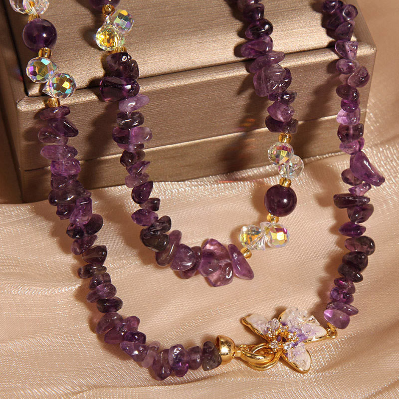 Wear FengShui Butterfly Flower Amethyst Strawberry Quartz Balance Necklace Pendant