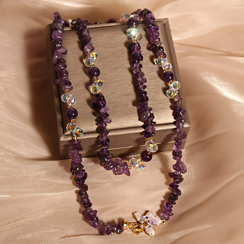 Wear FengShui Butterfly Flower Amethyst Strawberry Quartz Balance Necklace Pendant