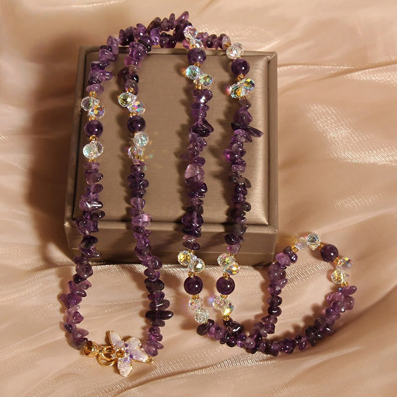 Wear FengShui Butterfly Flower Amethyst Strawberry Quartz Balance Necklace Pendant
