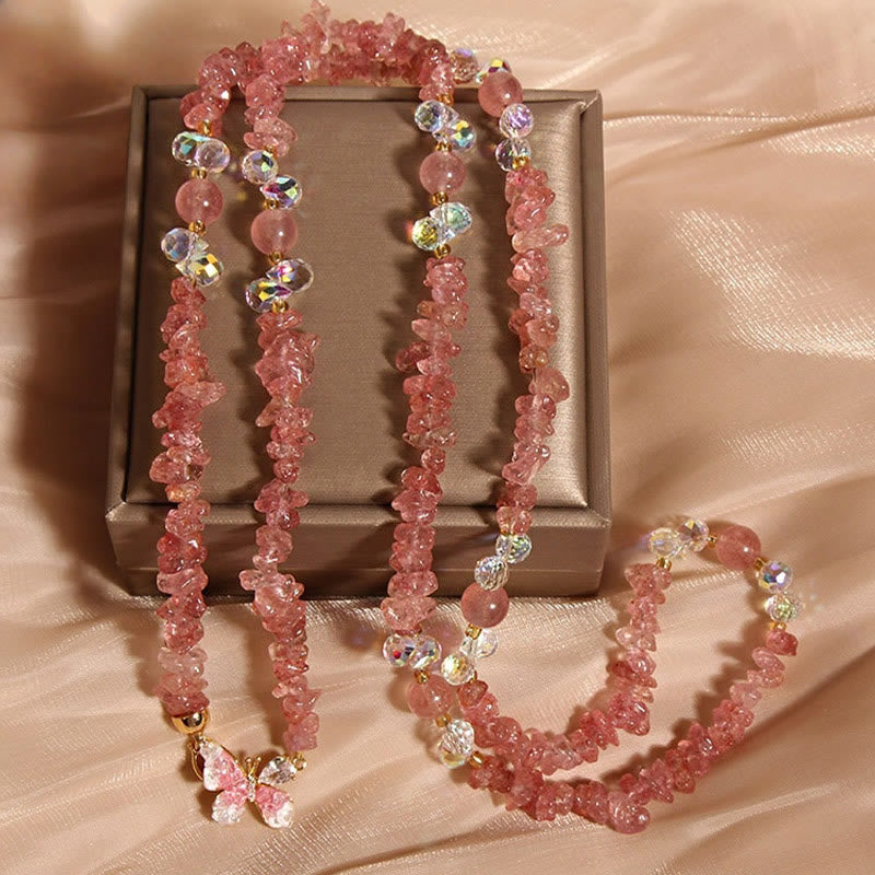 Wear FengShui Butterfly Flower Amethyst Strawberry Quartz Balance Necklace Pendant