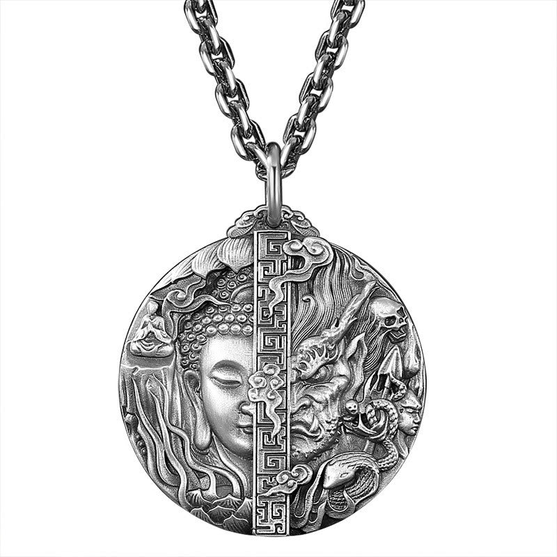 Wear FengShui Copper Buddha Demon Pattern Compassion Pendant Necklace