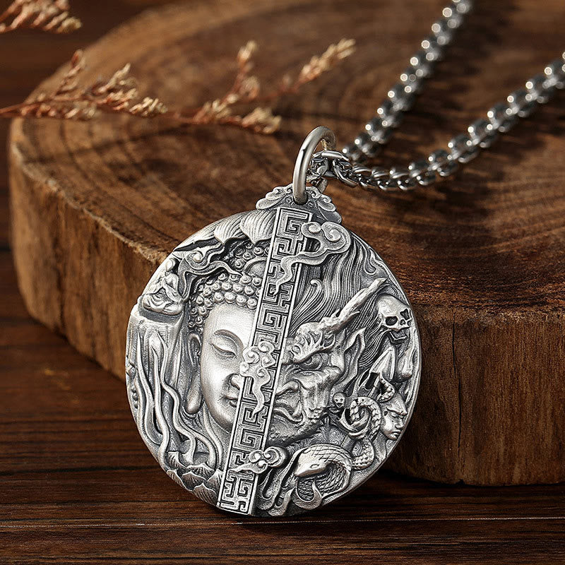 Wear FengShui Copper Buddha Demon Pattern Compassion Pendant Necklace