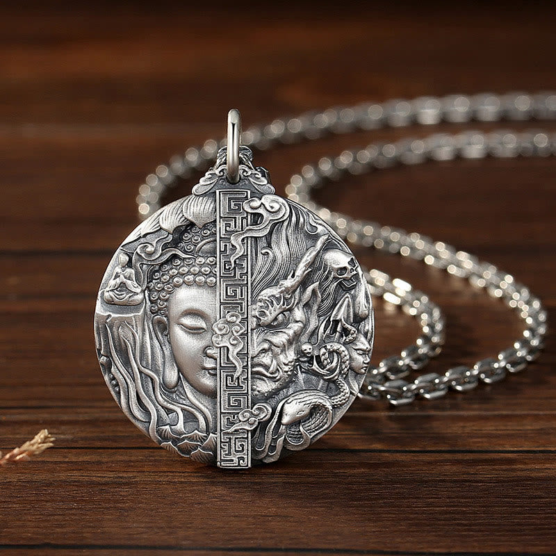 Wear FengShui Copper Buddha Demon Pattern Compassion Pendant Necklace