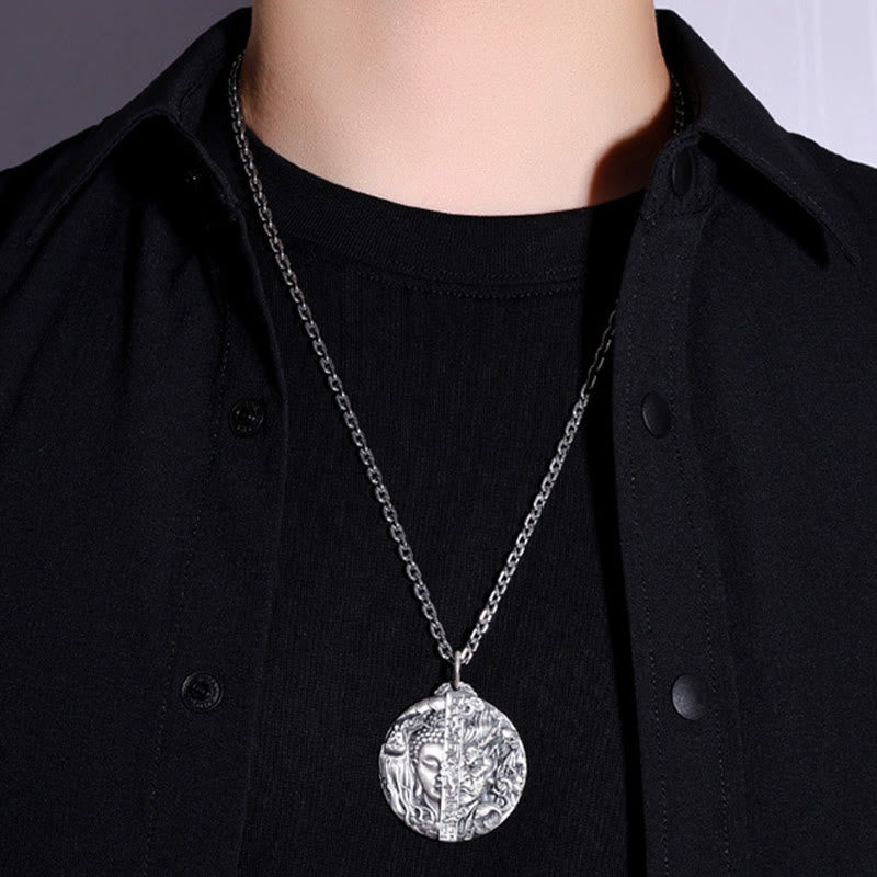 Wear FengShui Copper Buddha Demon Pattern Compassion Pendant Necklace