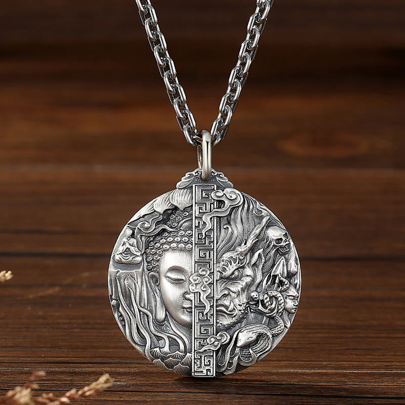 Wear FengShui Copper Buddha Demon Pattern Compassion Pendant Necklace