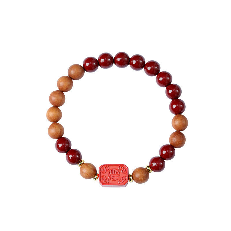 Wear FengShui Cinnabar Wood Beads Lotus Fu Character Blessing Bracelet