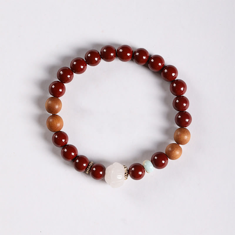 Wear FengShui Cinnabar Wood Beads Lotus Fu Character Blessing Bracelet