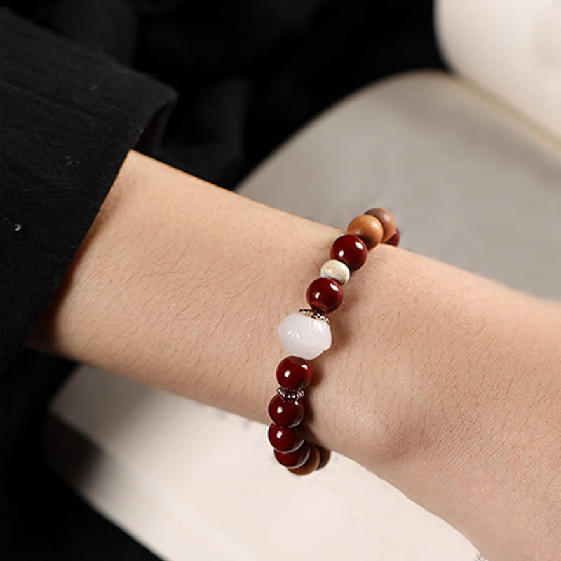 Wear FengShui Cinnabar Wood Beads Lotus Fu Character Blessing Bracelet
