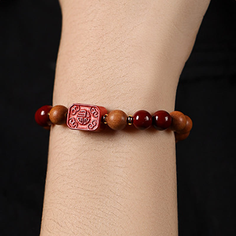 Wear FengShui Cinnabar Wood Beads Lotus Fu Character Blessing Bracelet