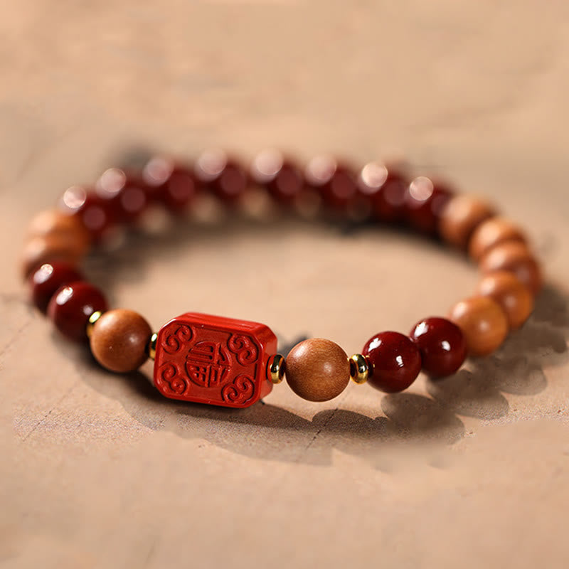 Wear FengShui Cinnabar Wood Beads Lotus Fu Character Blessing Bracelet