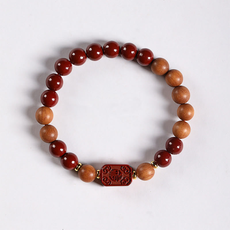 Wear FengShui Cinnabar Wood Beads Lotus Fu Character Blessing Bracelet