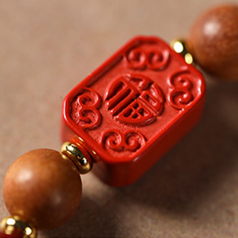 Wear FengShui Cinnabar Wood Beads Lotus Fu Character Blessing Bracelet