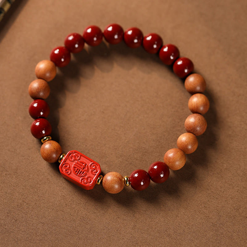 Wear FengShui Cinnabar Wood Beads Lotus Fu Character Blessing Bracelet