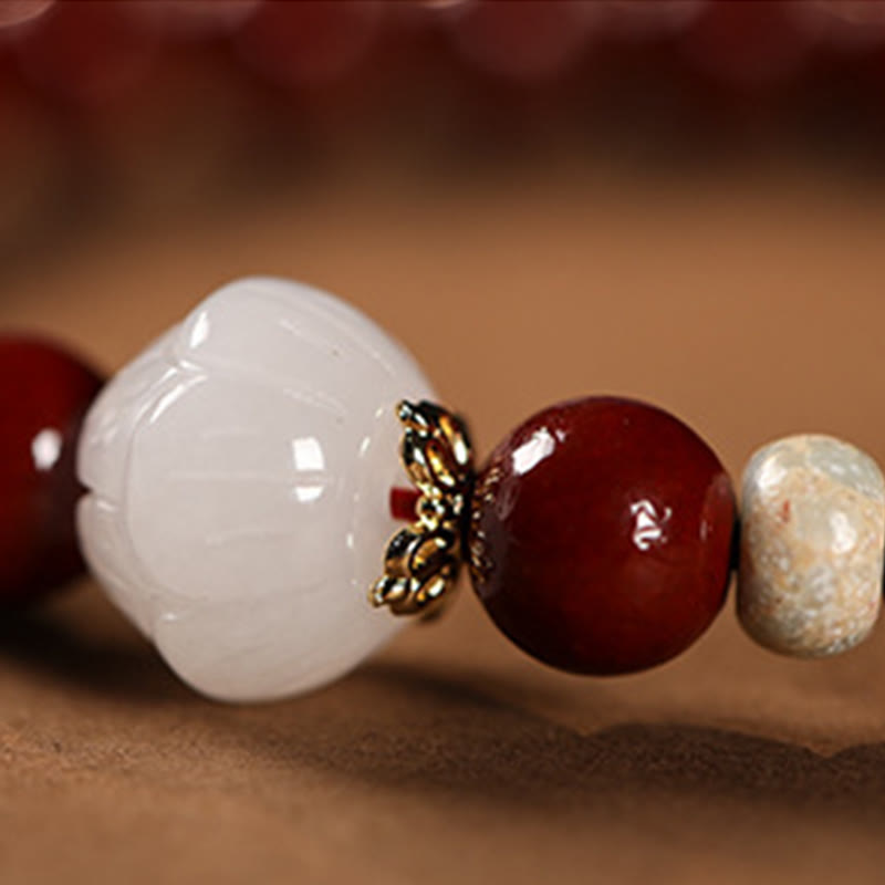 Wear FengShui Cinnabar Wood Beads Lotus Fu Character Blessing Bracelet