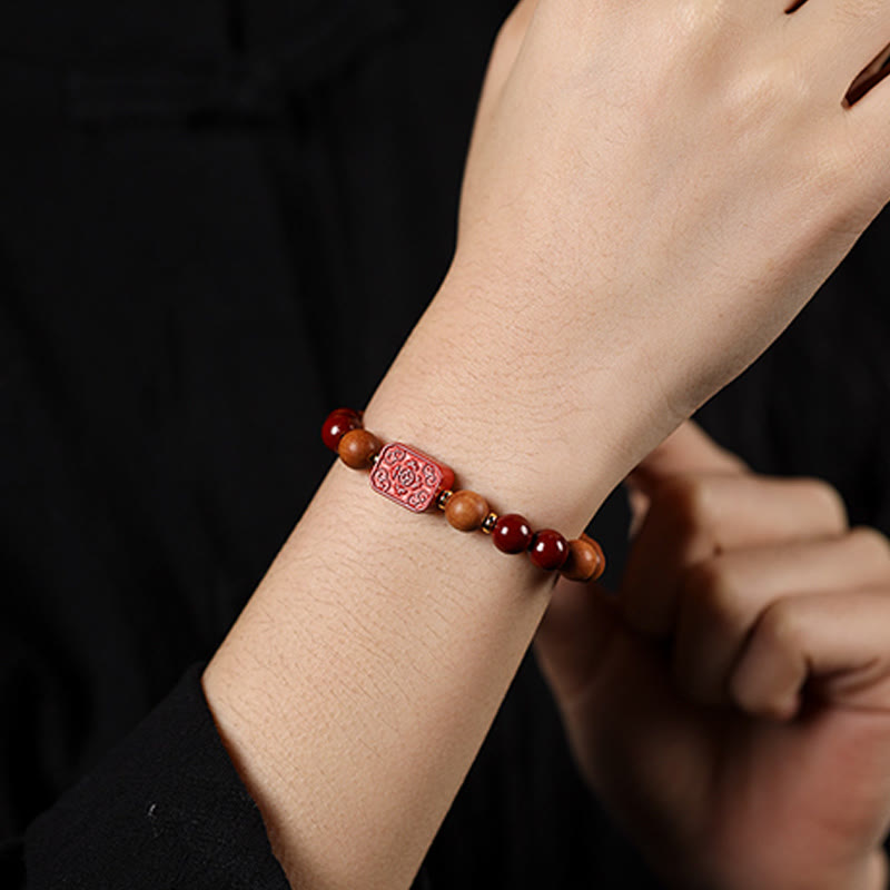 Wear FengShui Cinnabar Wood Beads Lotus Fu Character Blessing Bracelet