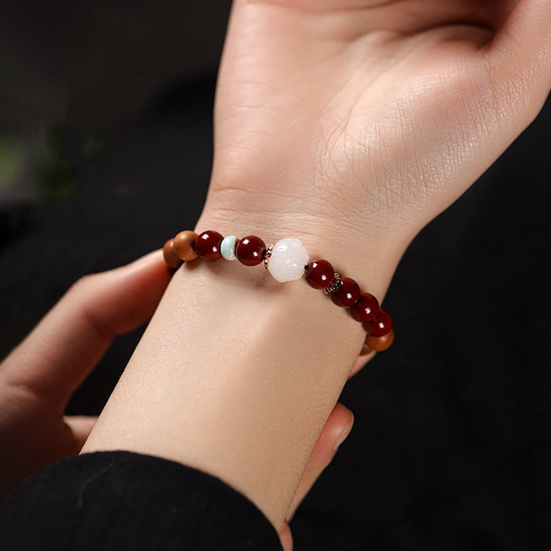 Wear FengShui Cinnabar Wood Beads Lotus Fu Character Blessing Bracelet