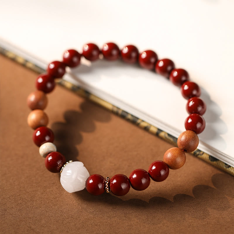 Wear FengShui Cinnabar Wood Beads Lotus Fu Character Blessing Bracelet