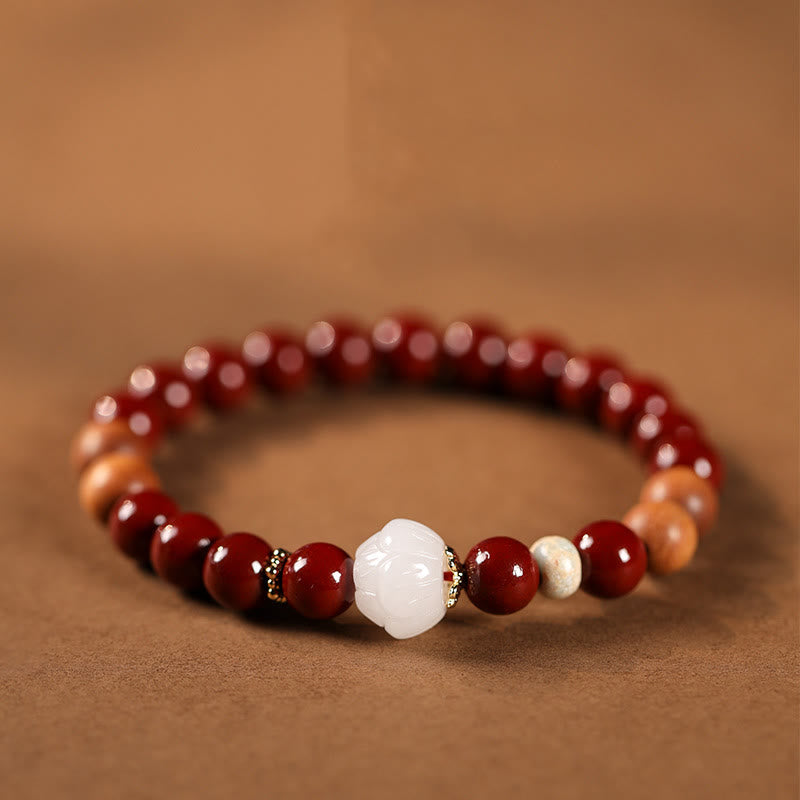 Wear FengShui Cinnabar Wood Beads Lotus Fu Character Blessing Bracelet