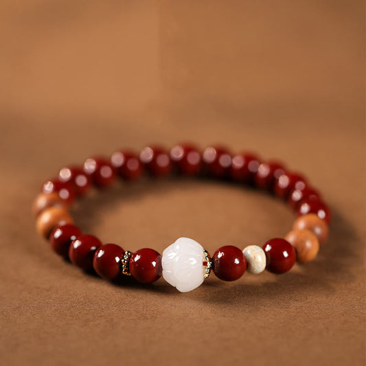 Wear FengShui Cinnabar Wood Beads Lotus Fu Character Blessing Bracelet