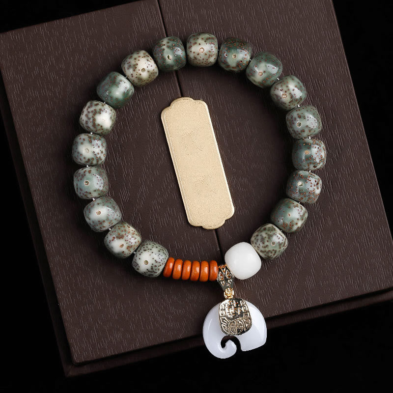 Wear FengShui Hand PolishedStar Moon Bodhi Seed Elephant Pattern Inner Peace Bracelet