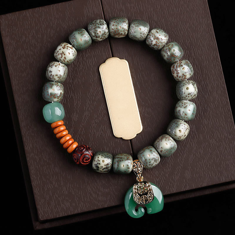Wear FengShui Hand PolishedStar Moon Bodhi Seed Elephant Pattern Inner Peace Bracelet