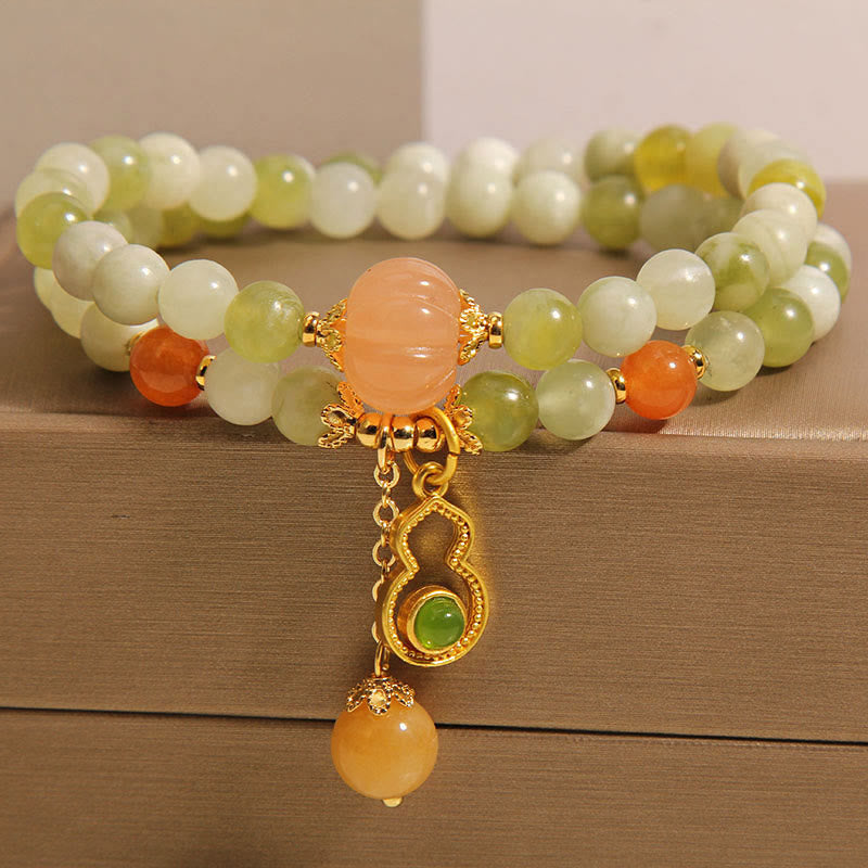Wear FengShui Double Wrap Gourd Pumpkin Green Grape Serpentine Jade Luck Bracelet