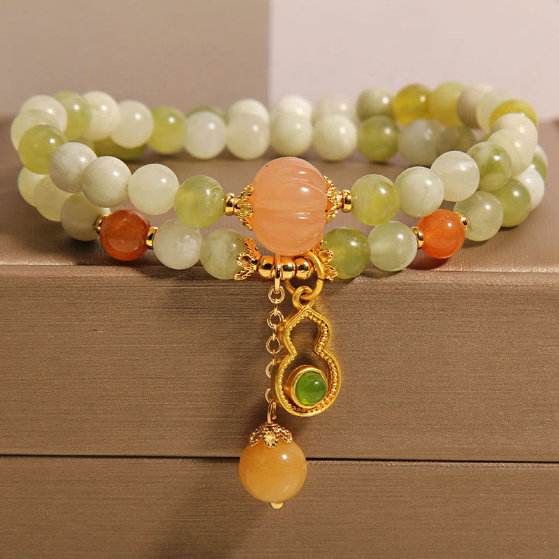 Wear FengShui Double Wrap Gourd Pumpkin Green Grape Serpentine Jade Luck Bracelet