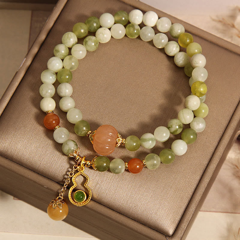 Wear FengShui Double Wrap Gourd Pumpkin Green Grape Serpentine Jade Luck Bracelet
