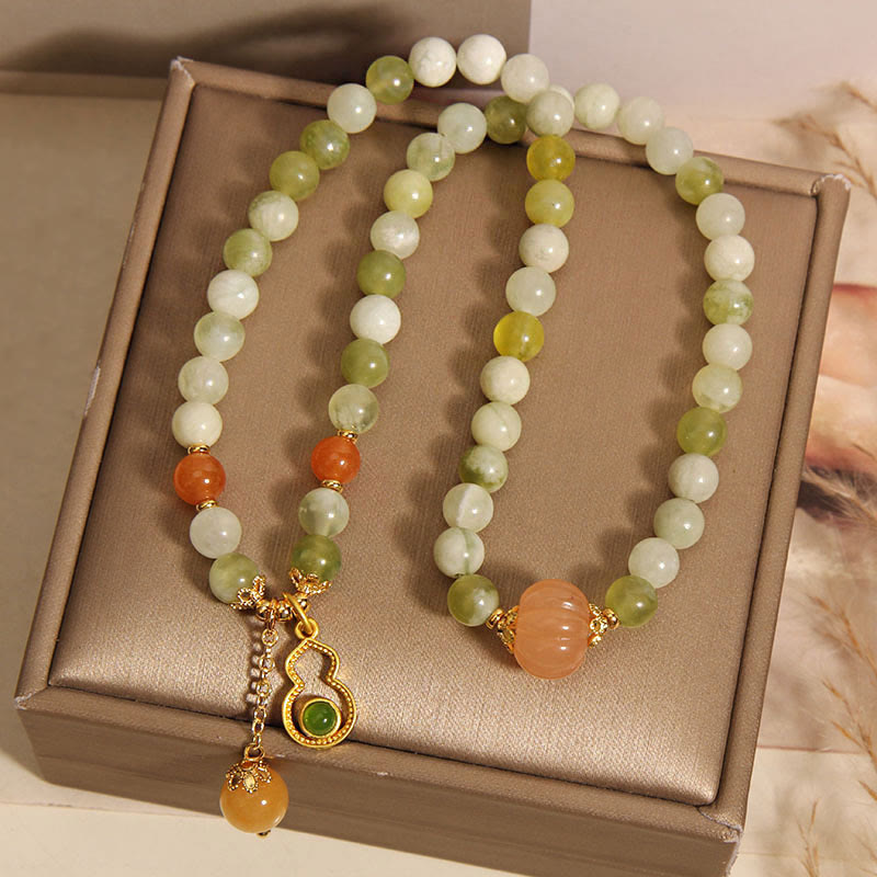Wear FengShui Double Wrap Gourd Pumpkin Green Grape Serpentine Jade Luck Bracelet