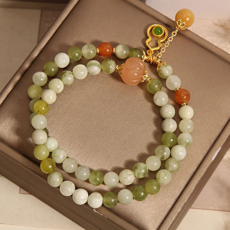 Wear FengShui Double Wrap Gourd Pumpkin Green Grape Serpentine Jade Luck Bracelet