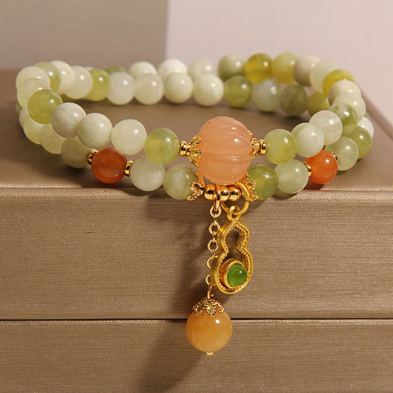 Wear FengShui Double Wrap Gourd Pumpkin Green Grape Serpentine Jade Luck Bracelet