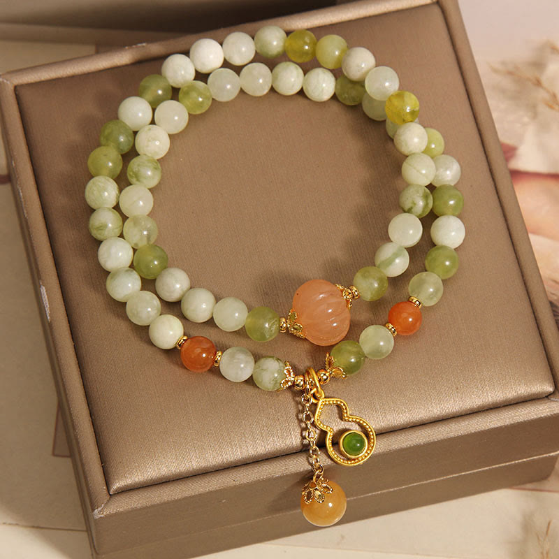 Wear FengShui Double Wrap Gourd Pumpkin Green Grape Serpentine Jade Luck Bracelet