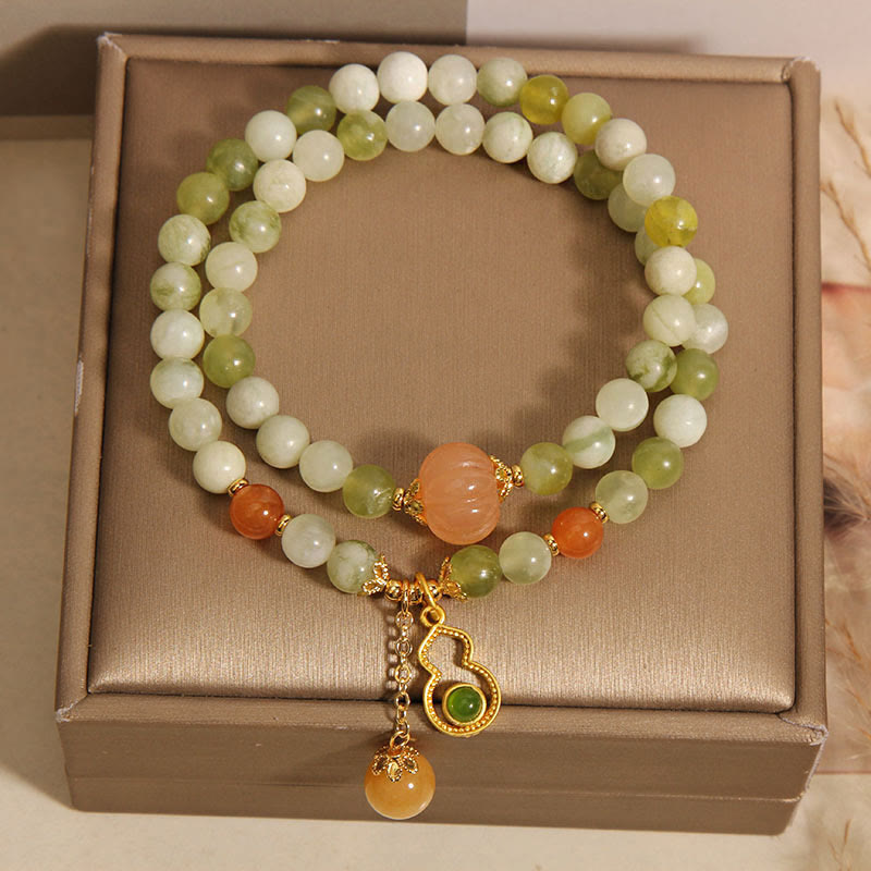 Wear FengShui Double Wrap Gourd Pumpkin Green Grape Serpentine Jade Luck Bracelet