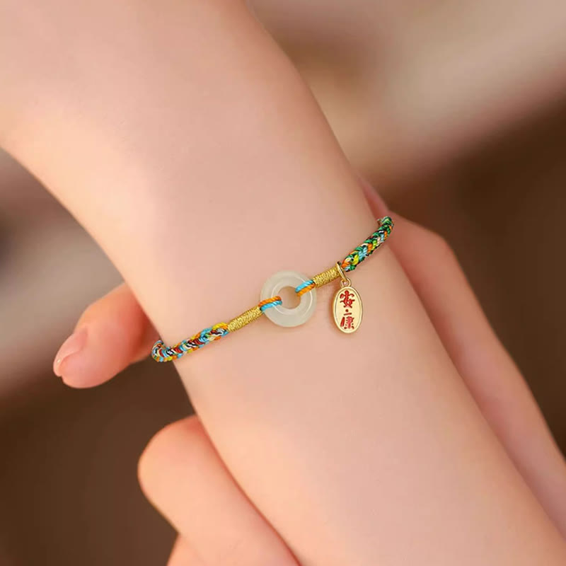 Wear FengShui Handmade Peace Buckle Jade Prosperity 925 Sterling Silver Colorful Rope Bracelet