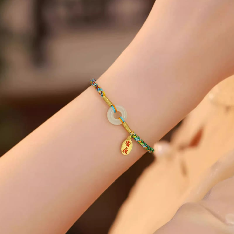 Wear FengShui Handmade Peace Buckle Jade Prosperity 925 Sterling Silver Colorful Rope Bracelet