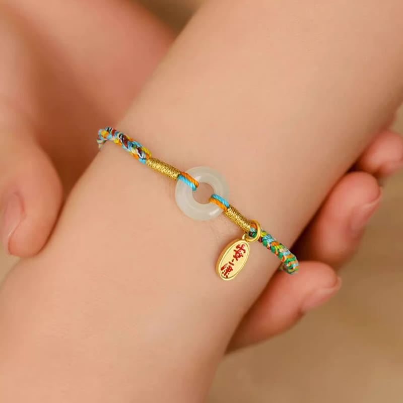 Wear FengShui Handmade Peace Buckle Jade Prosperity 925 Sterling Silver Colorful Rope Bracelet